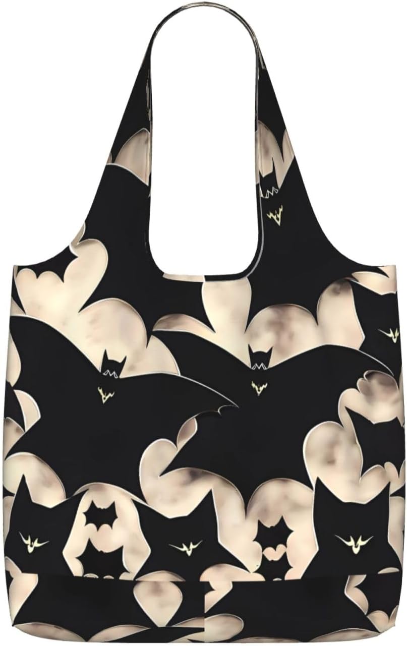 Reusable Shopping Bags Lightweight Foldable Grocery Bags In Pocket,Washable Large Tote Bags Bat Print Travel Shoulder Bag Gifts For Women Men