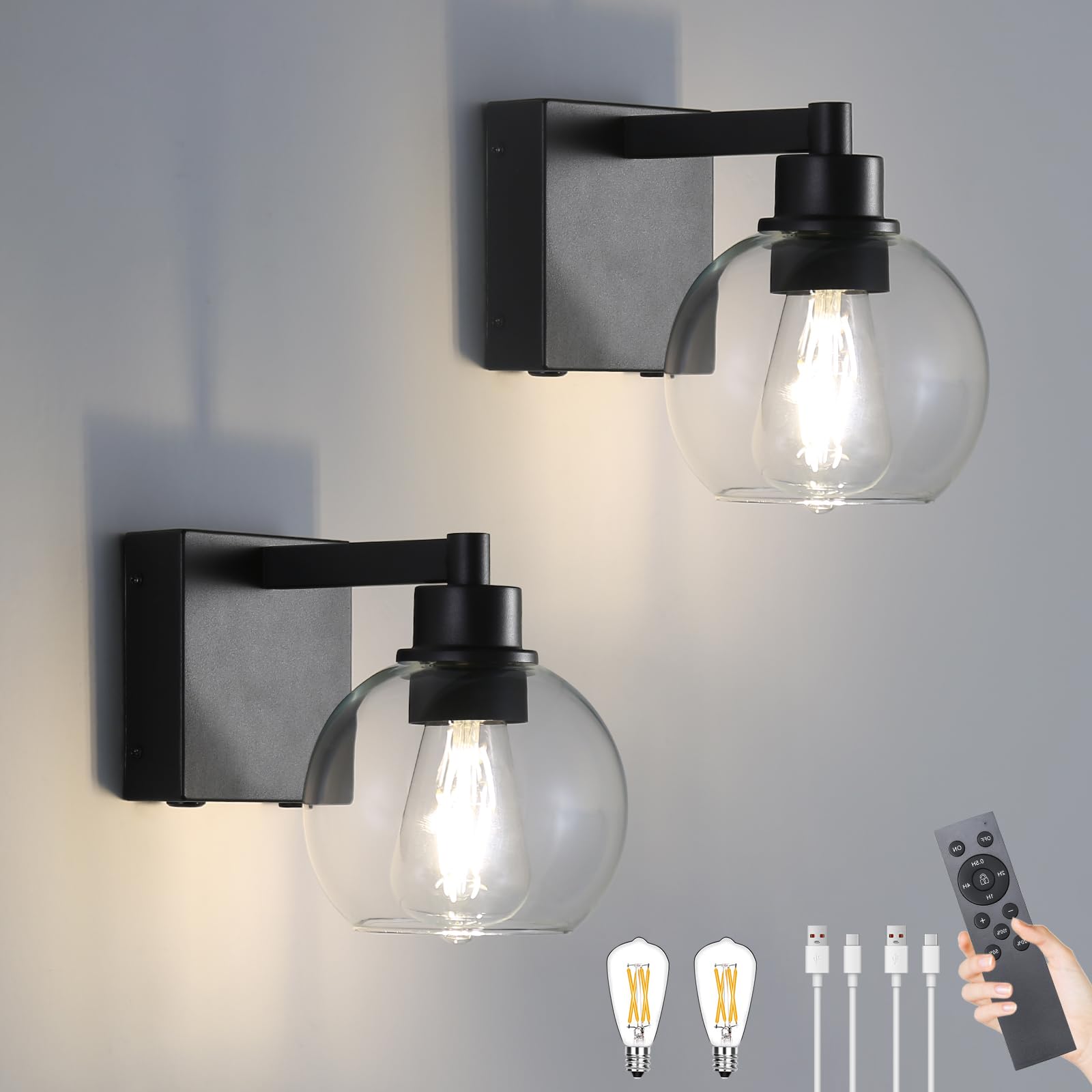 Photo 1 of HONGREN Black Battery Operated Wall Sconces Set of Two Modern Rechargeable Wall Sconces with Remote Control LED Dimmable Wall Lights for Living Room Bedroom Hallway (2 Pack)