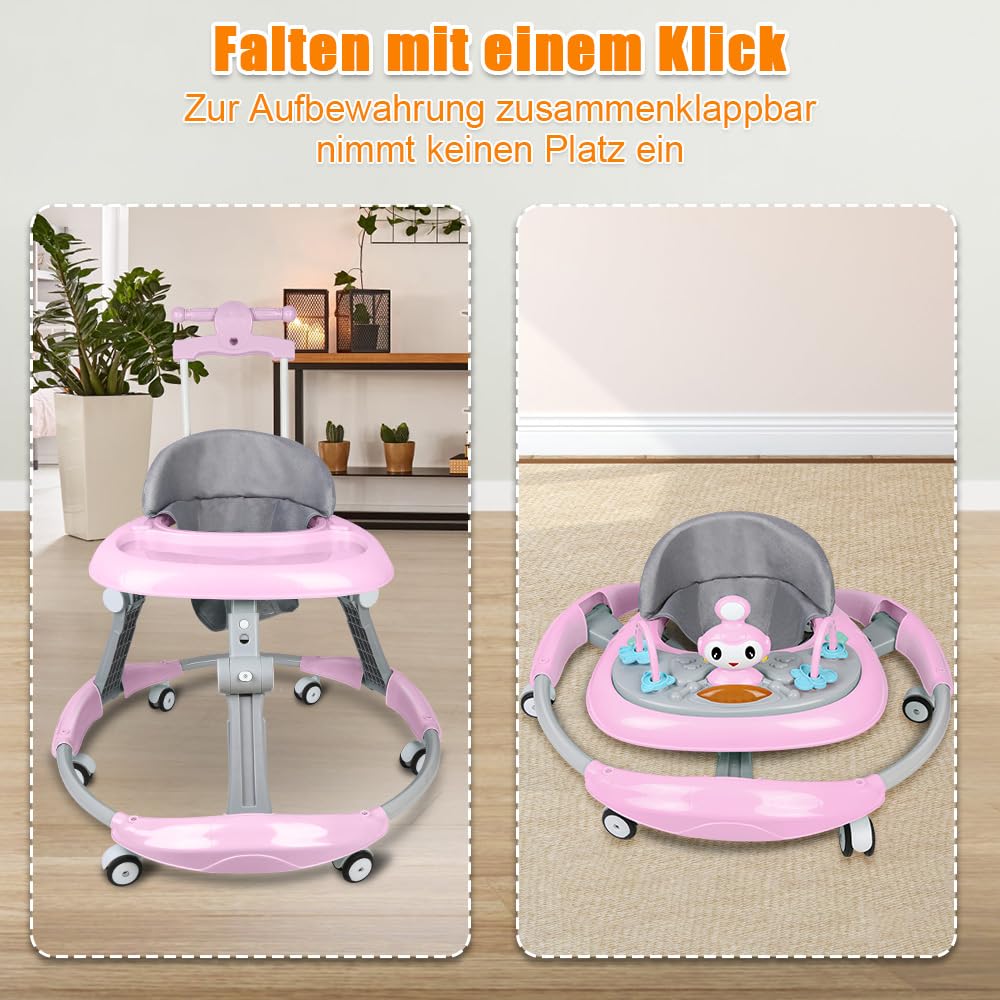 Girarrosto pieghevole per bambini, altezza regolabile, girello per neonati con musica, giocattolo per bambini, carico massimo 20 kg (rosa-67 x 67 x 79 cm)