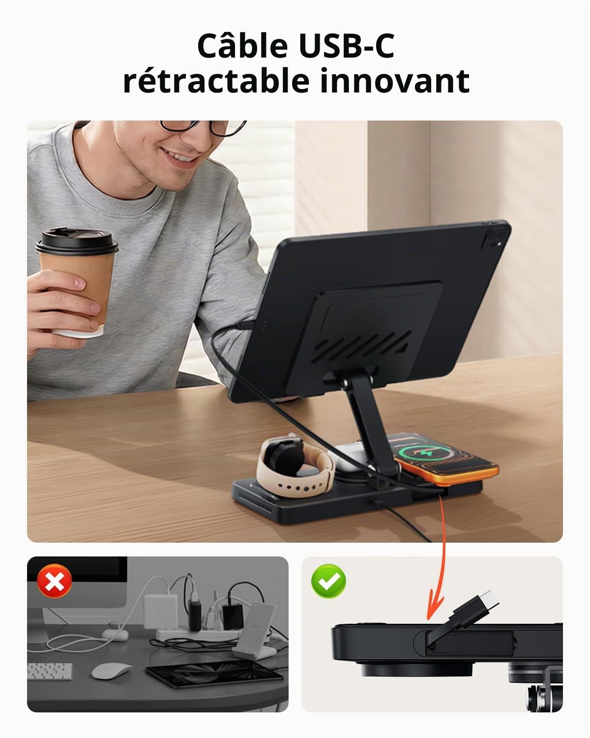 GEEKERA Station de Charge 4-en-1 pour Apple, Câble Escamotable pour iPad, Chargeur Magnétique sans Fil pour iPhone 12-17/Air/Pro, Station d’Accueil pour Apple Watch & AirPods, Noir
