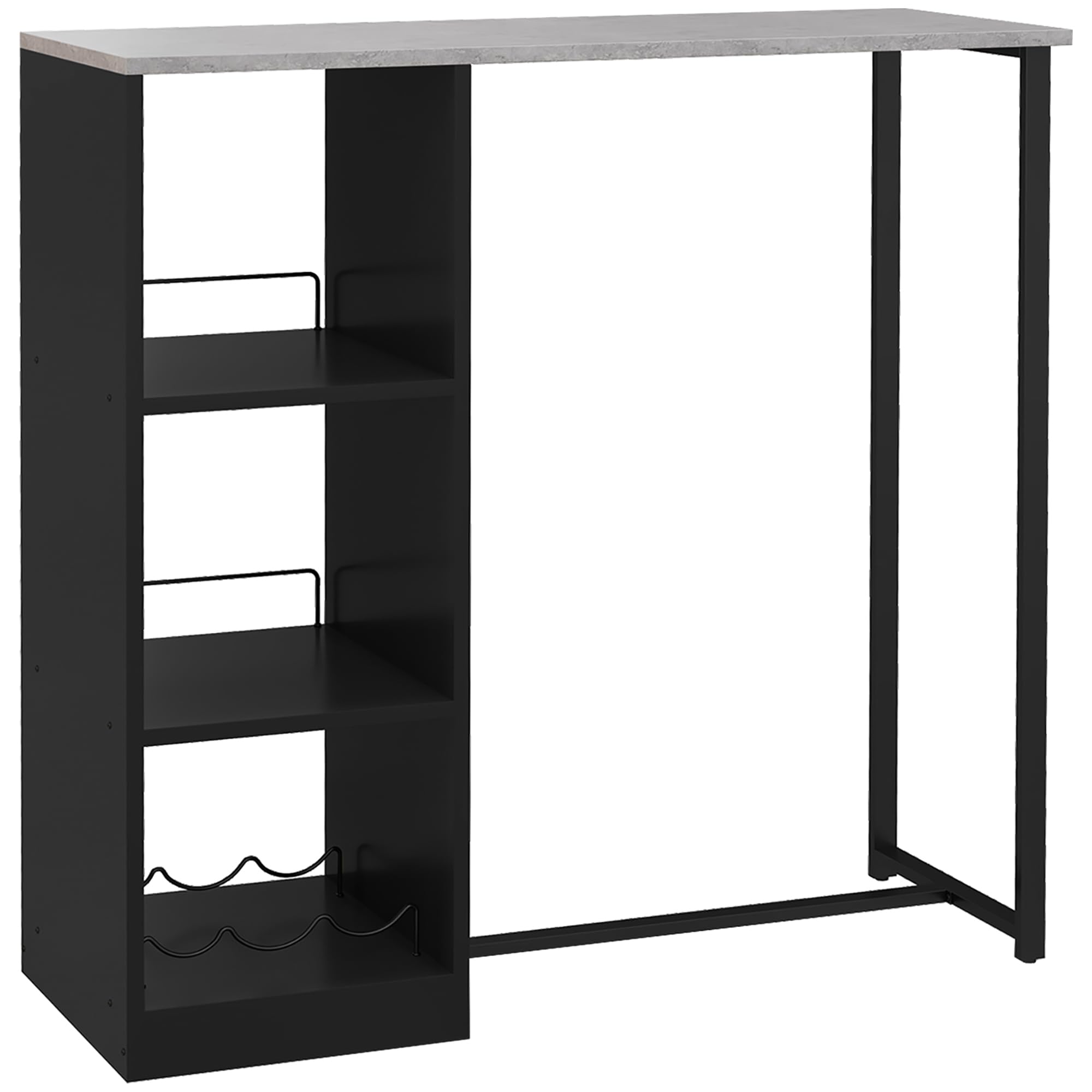 HOMCOM 105 cm Rectangular Bar Table for 2 People with Wine Rack, Modern Breakfast Bar Table with 3 Storage Shelves and Faux Marble Top for Kitchen, Black