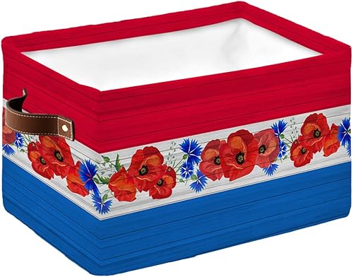 Cesta de almacenamiento floral de American Independence para estantes, color azul y blanco y rojo, con diseño de amapolas de madera retro, cubos de