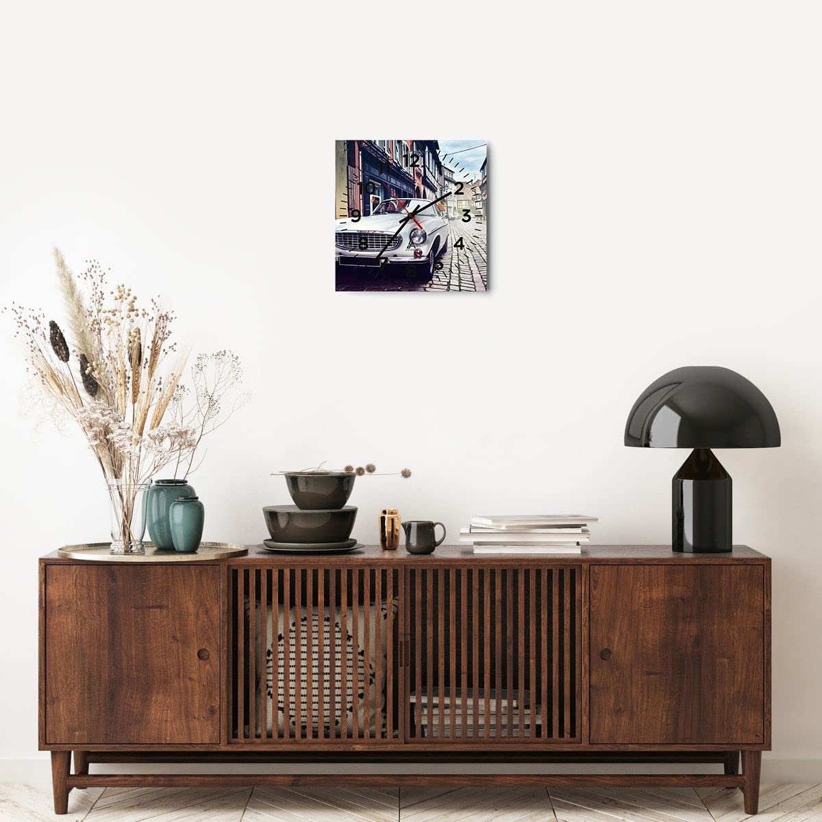 ARTTOR Zegar ścienny na szkle samochód ulica dom Nowoczesny 30x30 cm Dekoracja ścienna Salon Sypialnia Kuchnia Deko Cichy zegar na ścianę Duży Wall Clock Dekor C4AC30x30-3677