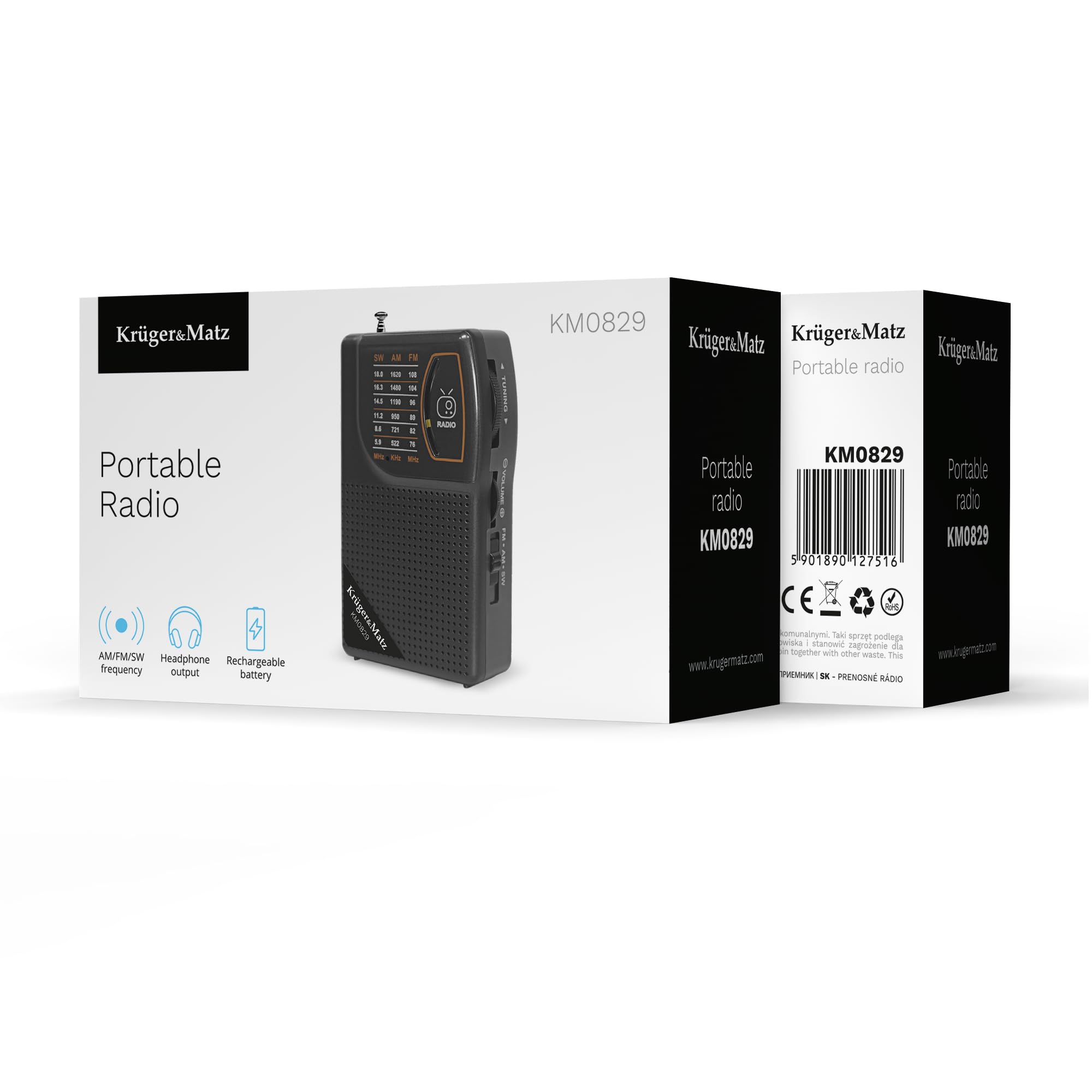 Krüger&Matz Radio Przenośne Analogowe Moc 3W AM/FM/SW Akumulator 500mAh Antena Teleskopowa Jack 3,5 KM0829