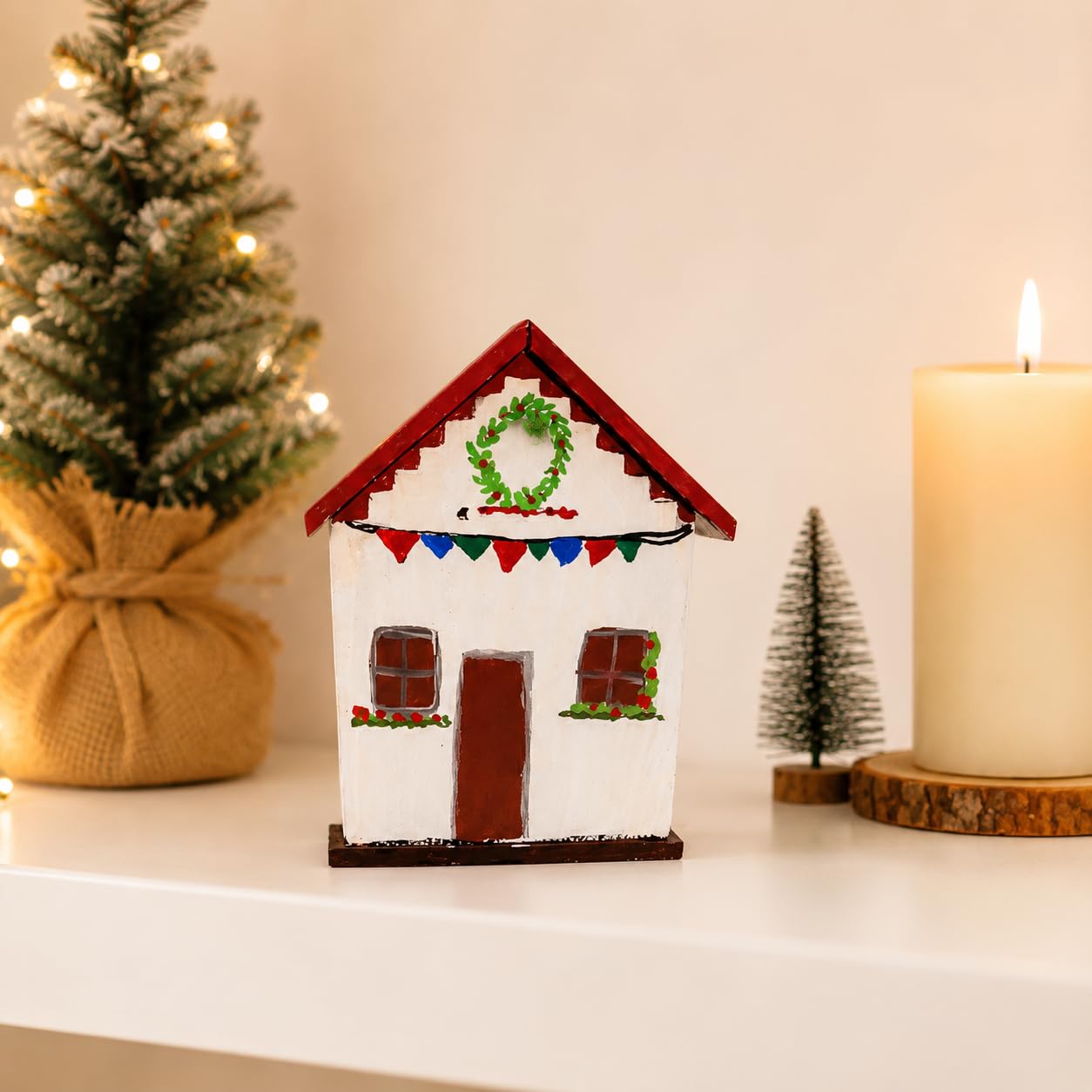 The ART Shop Hand Painted Wooden House Christmas Decor, Miniature Cottage with Wreath and Festive Lights, Handcrafted Tabletop Decoration, Natural Wood with Red Roof, 15 x 12 x 8 cm-picture-14
