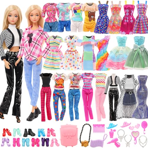Barwa Lot 36 Items 3 Fashion Dresses 3 Casual Tops and Pants Outfits 6 Pcs Mini Dresses with 1 Bags 10 Shoes, 13 Accessories for 11.5 Inch Girl Doll Birthday Xmas
