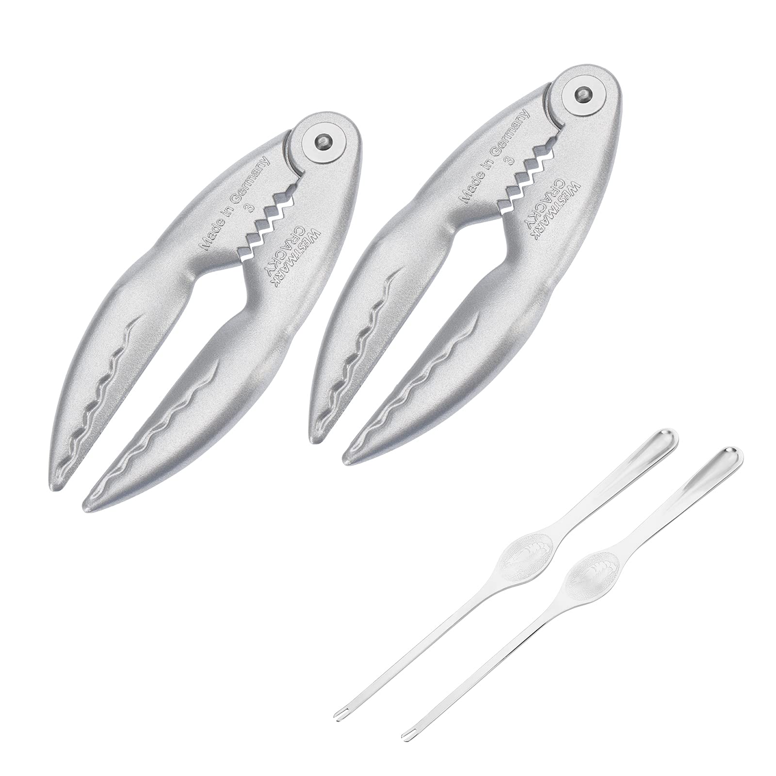 Westmark Lobster Set, 4 Pcs., 2 Lobster Crackers, Cracky + 2 Lobster Forks, Aluminium with Food-Safe Special Coating/Stainless Steel, Silver, 660022E6