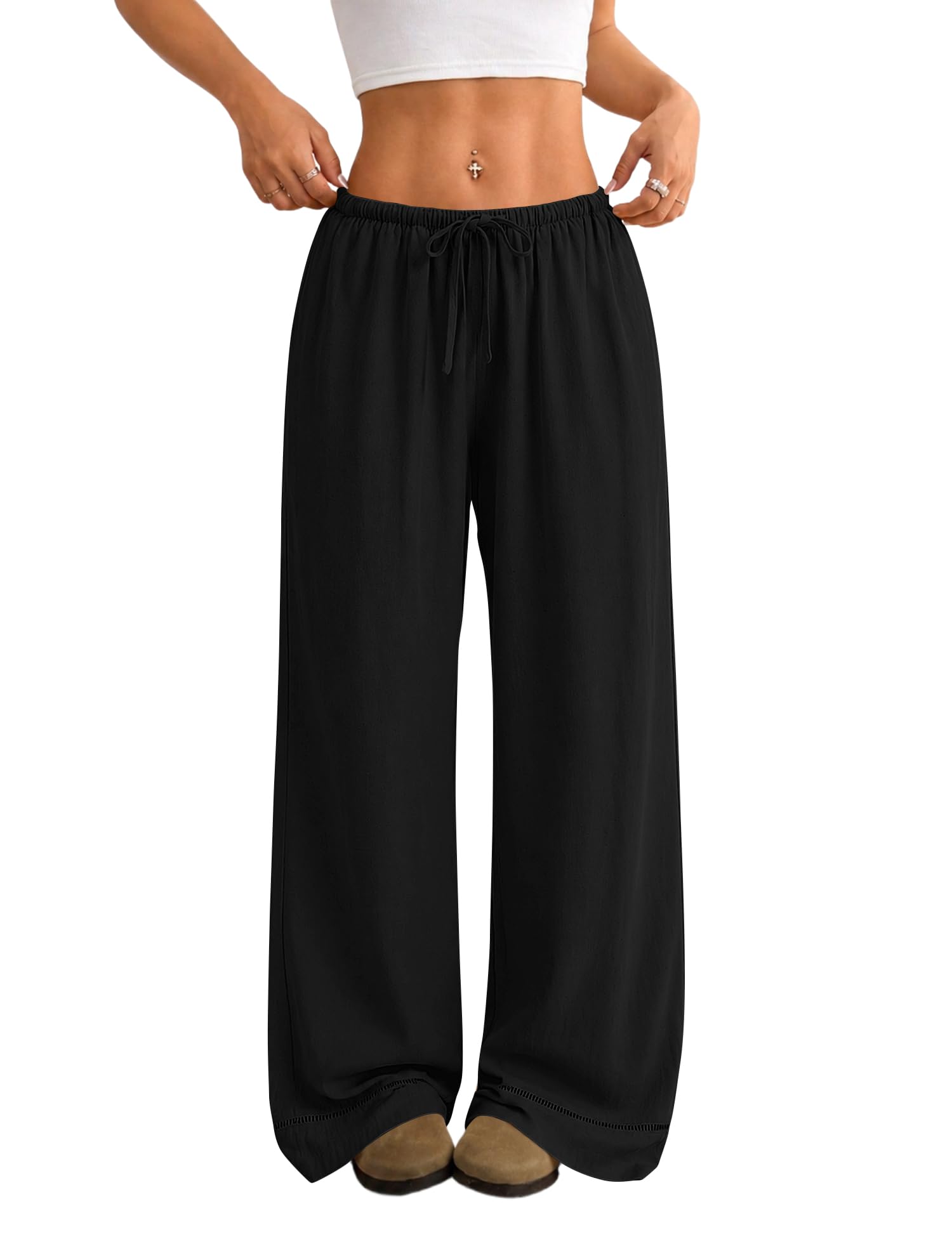 Rapbin Leinenhose Damen Weite Leg Palazzo Hose Sommer Sommerhose | Sommer Sommerhose Damen Elegant Freizeithose Lang Lockere Stoffhose mit Tunnelzug und Taschen