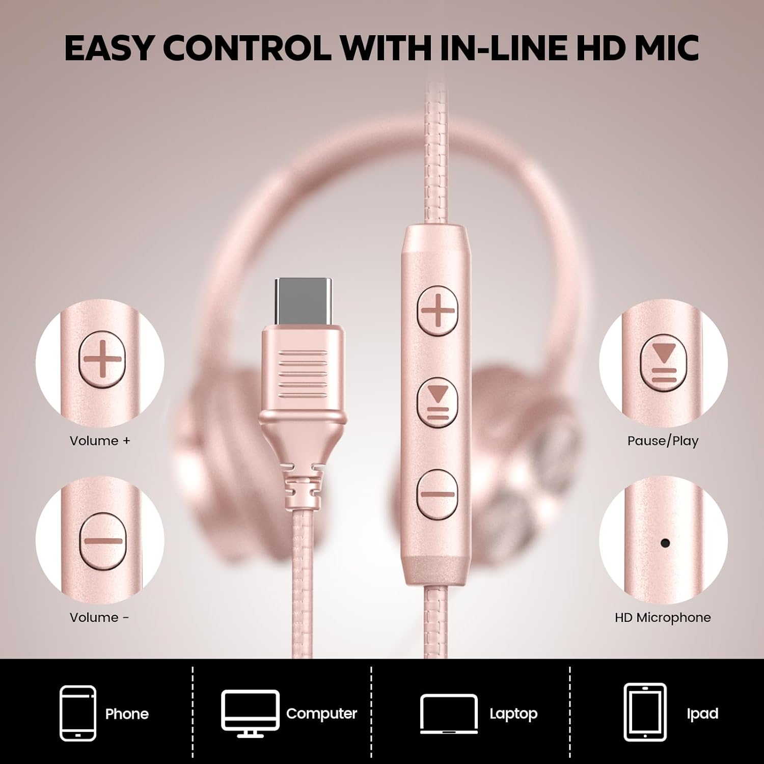 Cowyawn USB C Headphones Wired, Over Ear USB C Wired Headphones with Microphone, Volume Control, HD Stereo Sound, Foldable USB Type C Headphone for Adult/Teens/Laptop/Computer/iPhone 15/16/17, Rose thumbnail