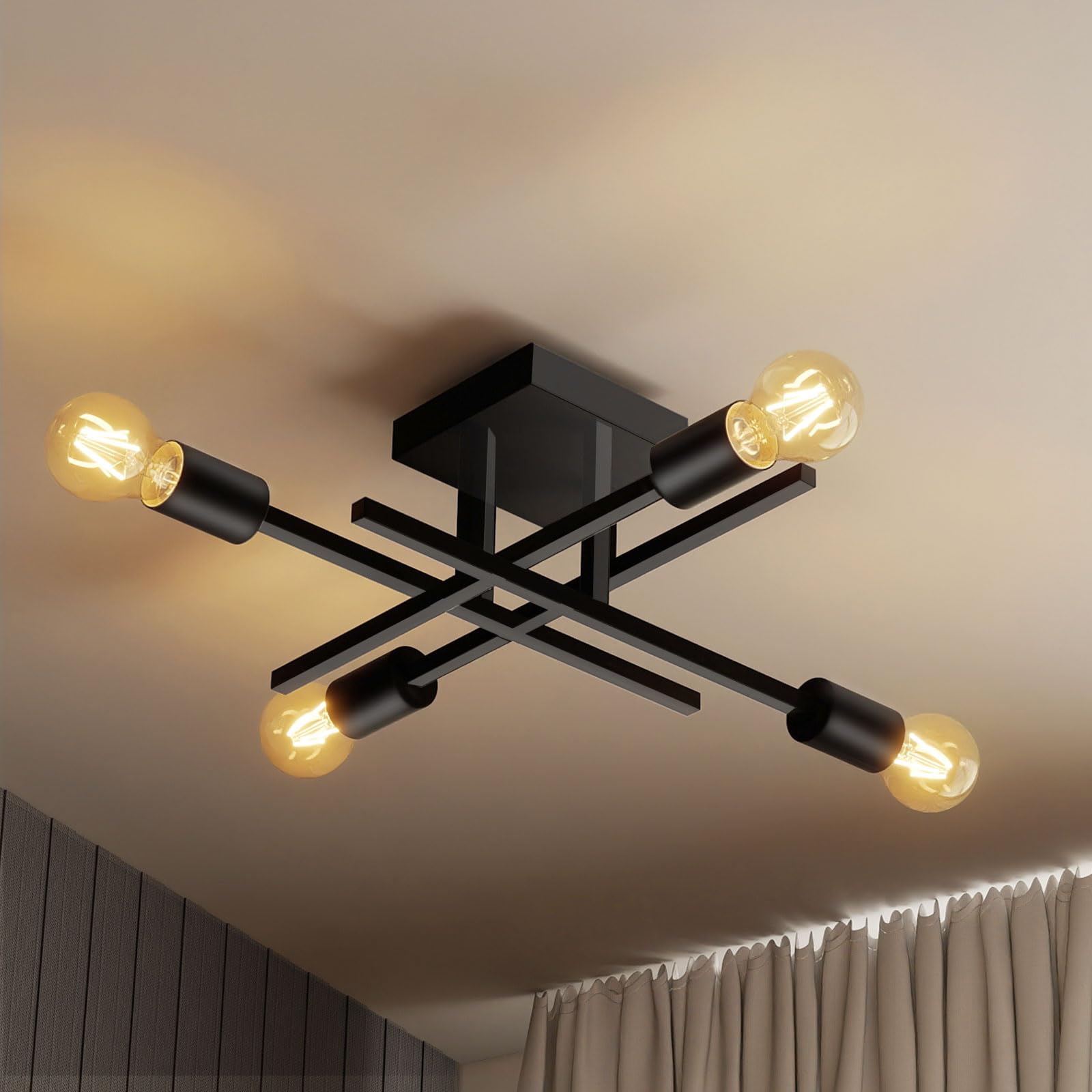 Emitto Ceiling Lights Living Room, 4 Light Modern Sputnik Chandelier, Black Metal Industrial Ceiling Lights, Flush Mount Living Room Lights Ceiling with E27 Base for Bedroom, Kitchen, Dining Room