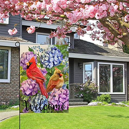 Artofy Welcome Summer Cardinal Red Birds Home Decorative Garden Flag, Yard Hydrangea Flowers Outside Decor, Spring Outdoor Small Burlap Decoration Double Sided 12 X 18 #TOP6