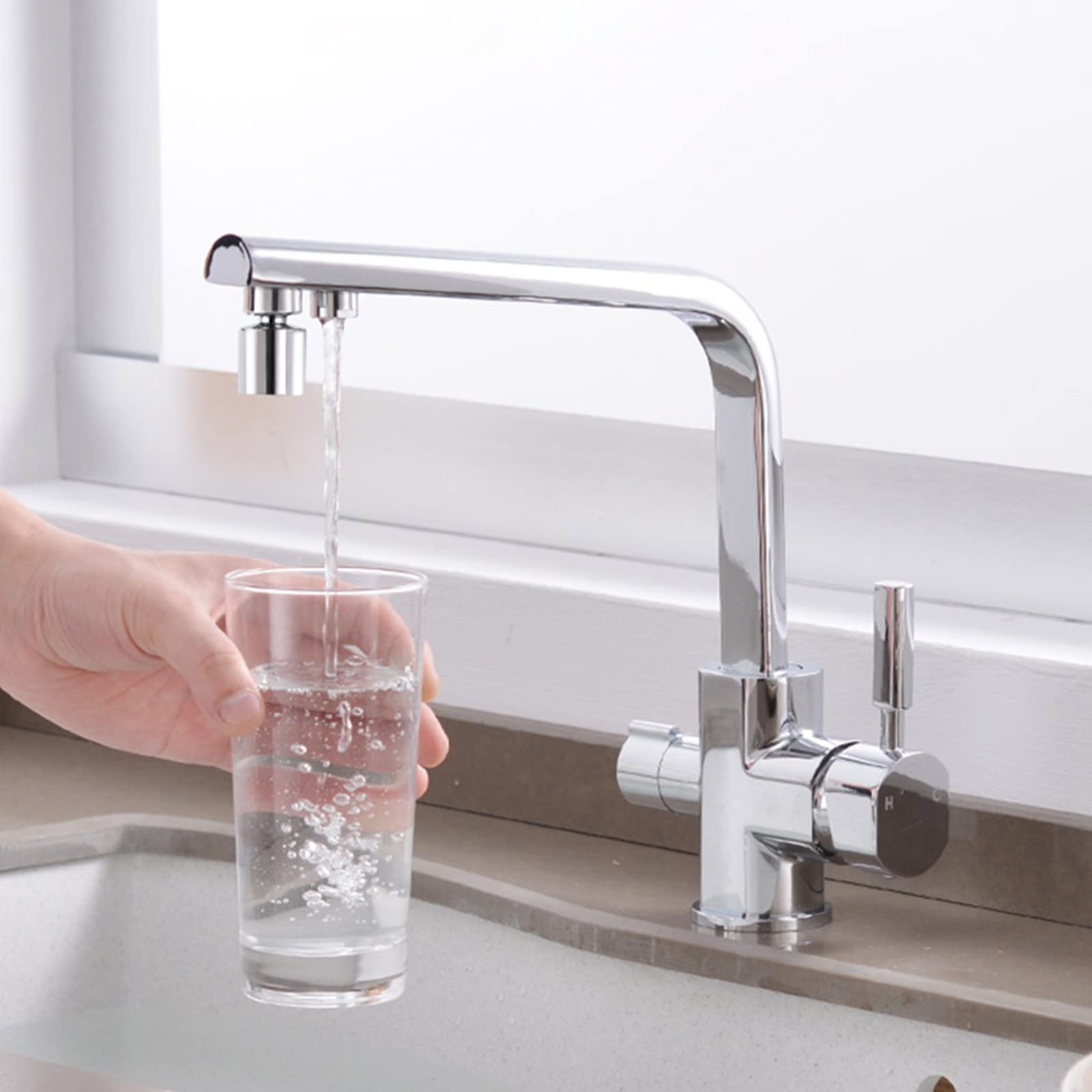 Robinet d'évier de Cuisine à Filtre à 3 Voies avec Bec pivotant pour Eau Potable Pure 3 en 1 mitigeur de Cuisine avec Sortie d'eau filtrée chromée monomode