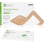 Silicone Foam Dressing with Gentle Border for Post-op Surgical Wounds 4\'\'x8\'\', Absorbent Pad 2\'\'x6\'\', Pack of 5, Silicone Wound Bandages for Cuts, Abrasions, Bed Sore, Pressure Ulcer