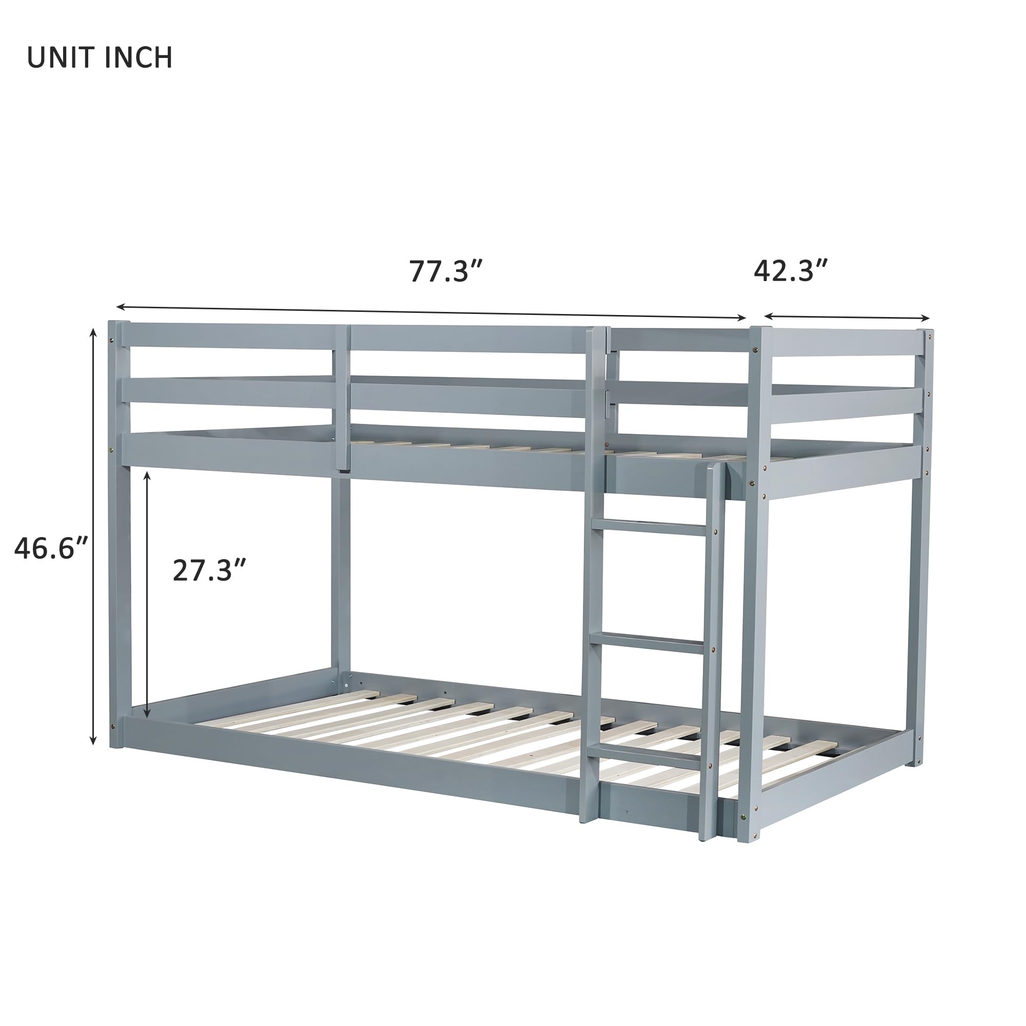 Ball & Cast Solid Rubber Wooden Twin Over Twin Bunk Bed with Ladder and Full Length Guardrail,Low Bunkbed w/Slat Support,Bedroom Furniture for Girls Boys,Grey