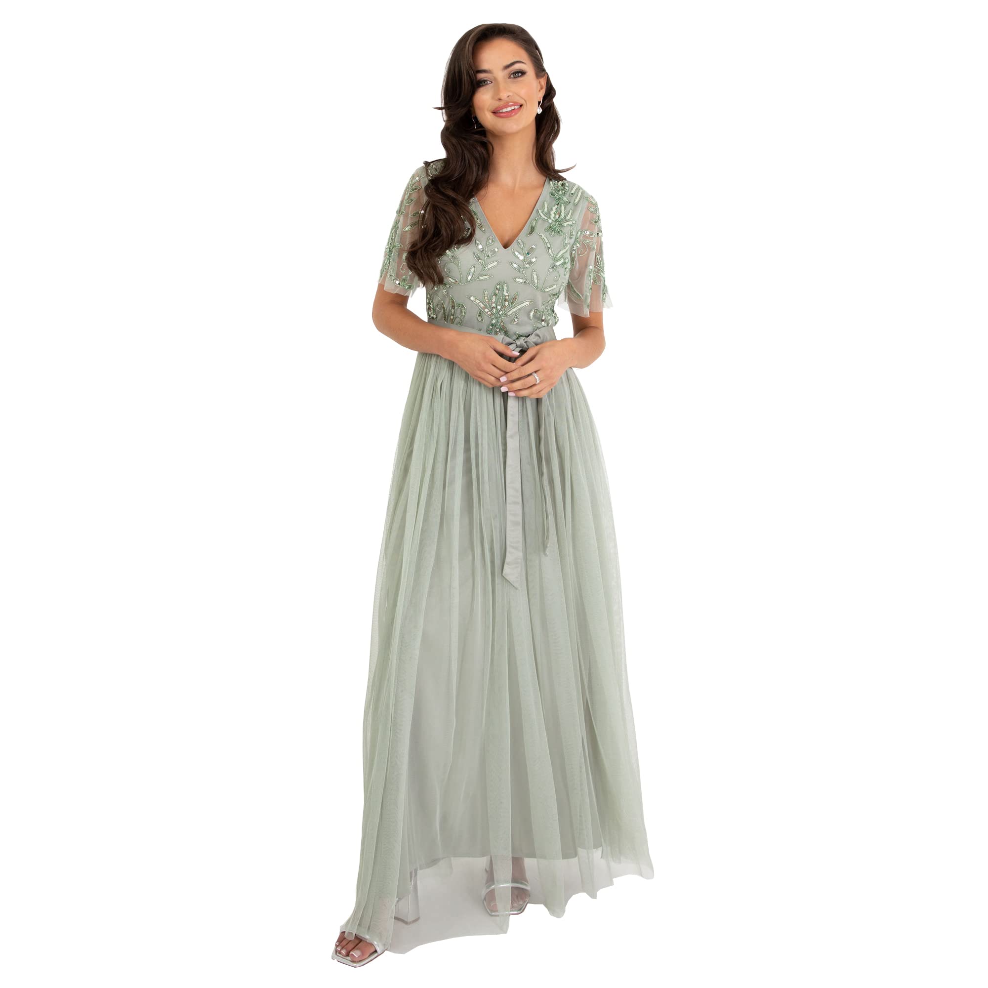 Maya Deluxe Maxi-jurk voor dames, baljurk voor bruiloft, gast, versierd met strikband, V-hals, bruidsmeisje, gala, avondgelegenheid, Zwart, 46