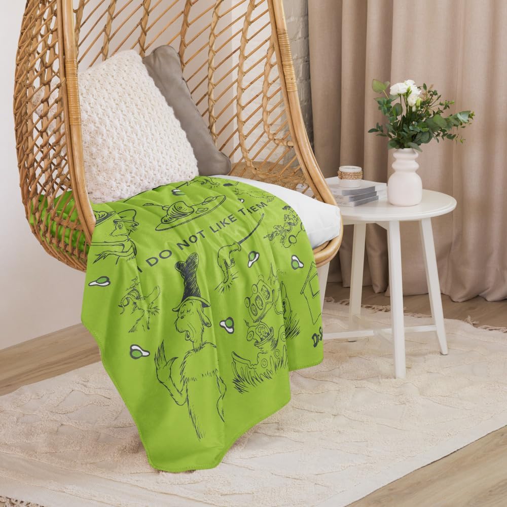 Green Eggs and Ham Blanket I Do Not Like Them with Sam I Am, Soft Throw Blanket for Couch, Fluffy Soft Cozy for Bed or Sofa, 50" x 60" Officially Licensed