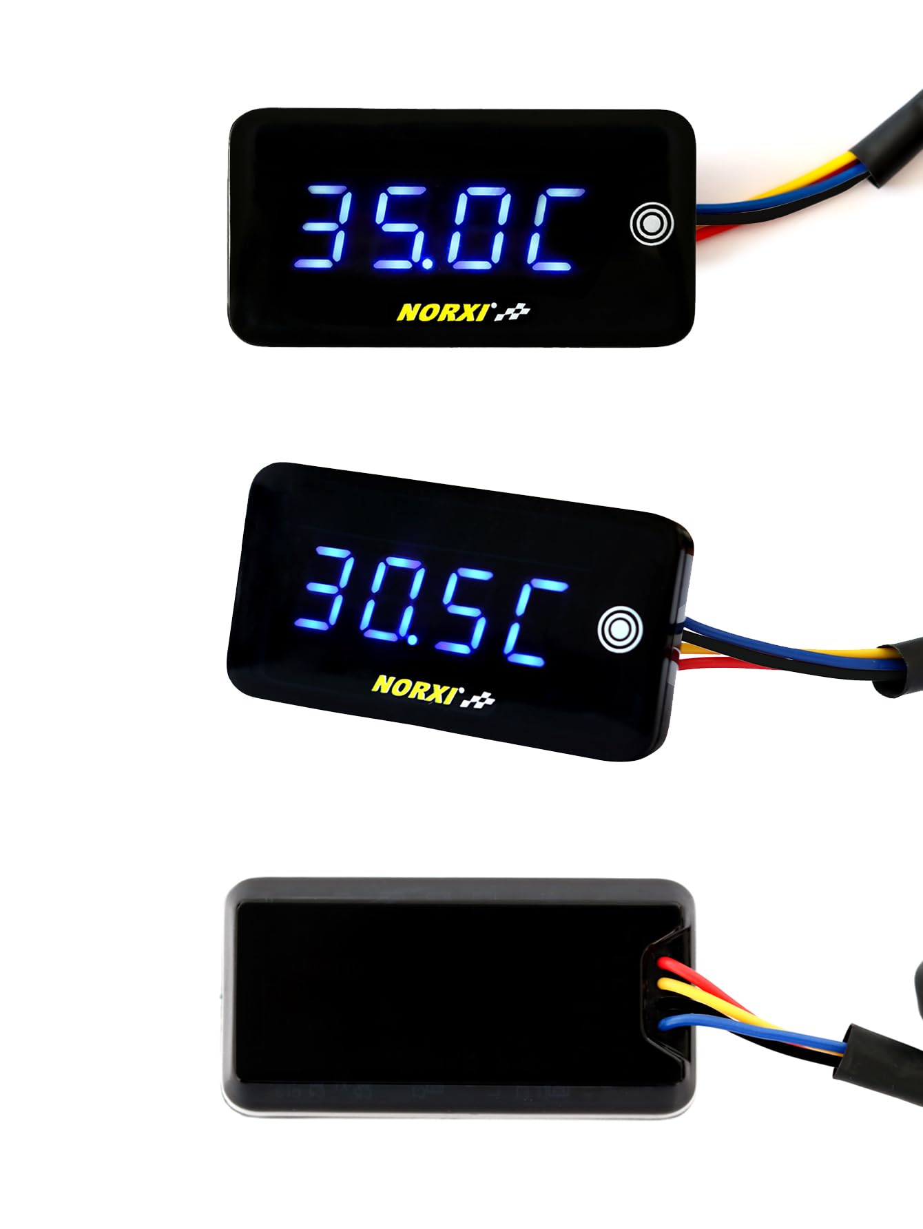 Termometro Digitale Universale per Moto, 3in1 Moto Oilo Termometro Orologio Impermeabili Voltmetro per Moto, Celsius Fahrenheit Possono Convertiti, con Sensore Temperatura Adapter, 1415 Adapt, Blu