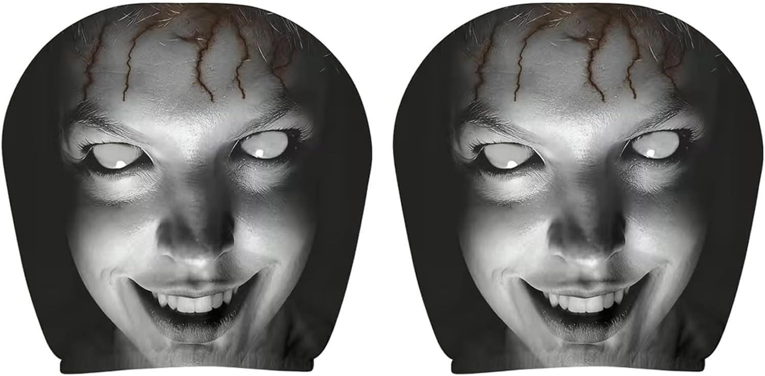 2PCS Ghost Face Car Headrest Covers, Funny Scary Print with Glowing-Eye Effects, Stretchy Polyester Fabric Seat Headrest Protector for Auto Truck SUV Interior Decoration
