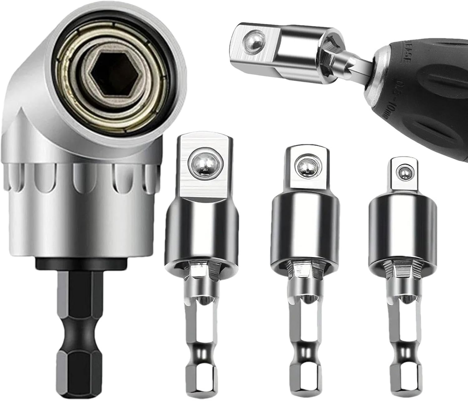 Right Angle Drill Adapter,1/4, 3/8, 1/2inch Grade Socket Adapter Set - Angle Screwdriver Drill Bit, Rotatable Joint Socket, Hex Socket Adapter Set for Cordless Drill & Screwdriver