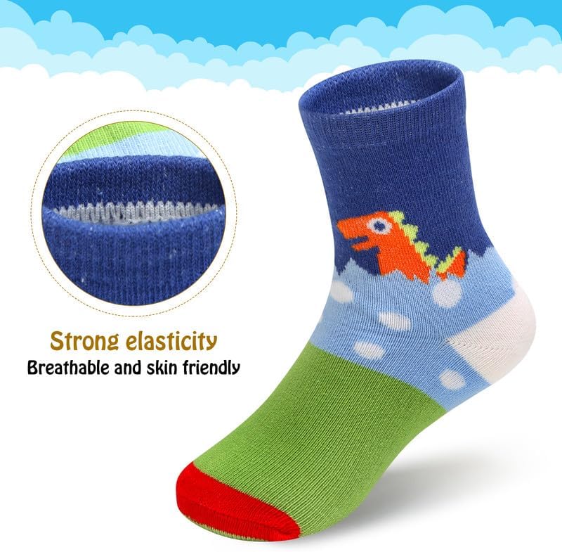 Padgene 10 Pairs Kids Boys Fun Novelty Socks Toddler None Slip Cotton Crew Dress Socks Cartoon Dinosaur Car Shark Stripes - Image 9