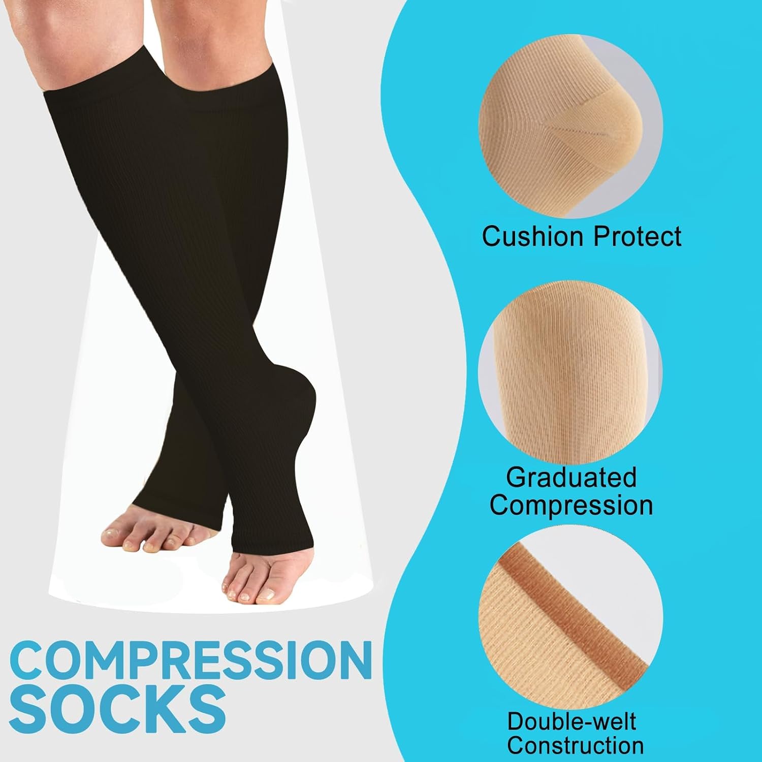 Open Toe Compression Socks 15-20 mmHg for Women and Men Knee High Toeless Circulation Compression Stockings