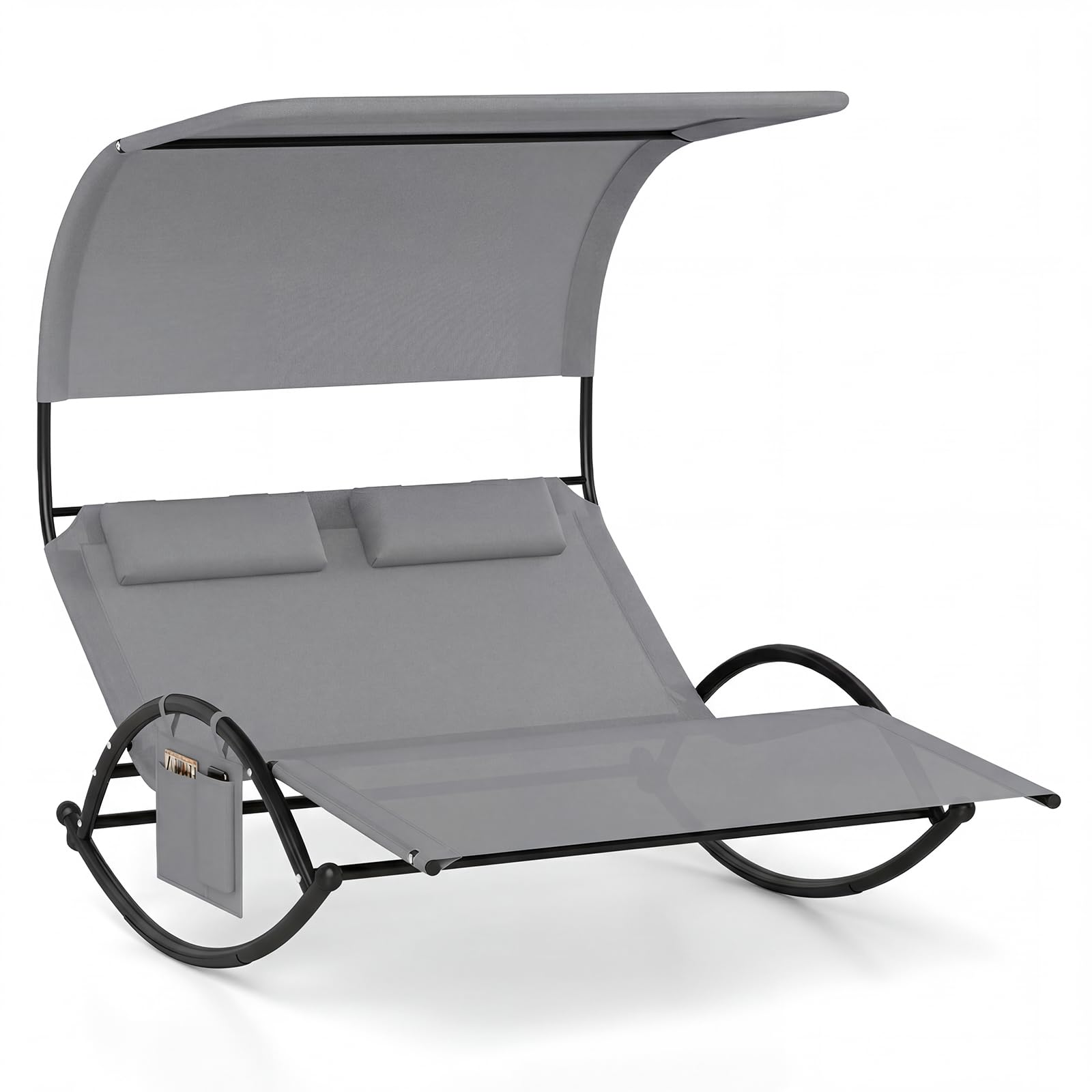 GIANTEX Chaise Longue de Jardin à Bascule pour 2 Personne, Poche Latérale, Transat Double à Bascule, Charge 300 kg, Auvent Pare-Soleil, 2 Oreillers Amovibles, Cadre en Métal, pour Jardin, Balcon, Gris