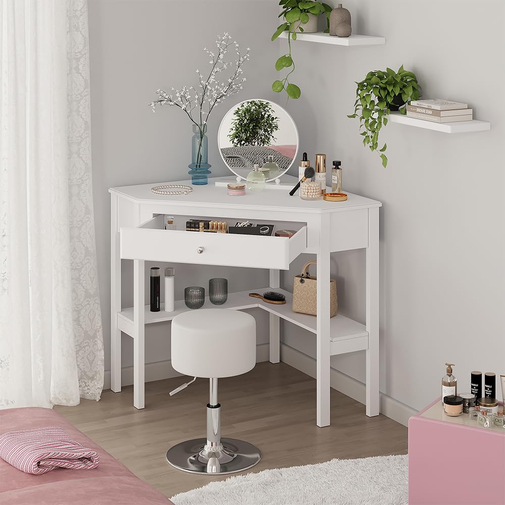 Vicco Tavolo da trucco ad angolo Velto, Bianco, 75 x 76.8 cm | con cassetto, per un posizionamento salvaspazio negli angoli della stanza