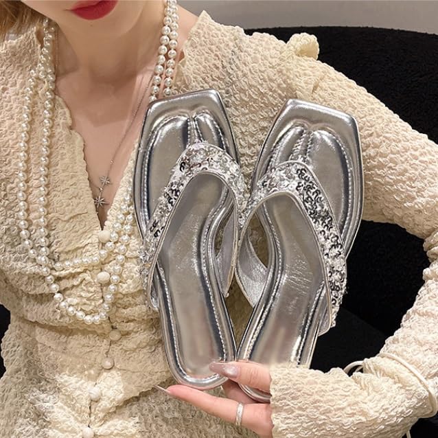 HBJWOV Flat Bottomed Silver Sequin Flip Flops For Women's External Wear Toe Flip Sandals3