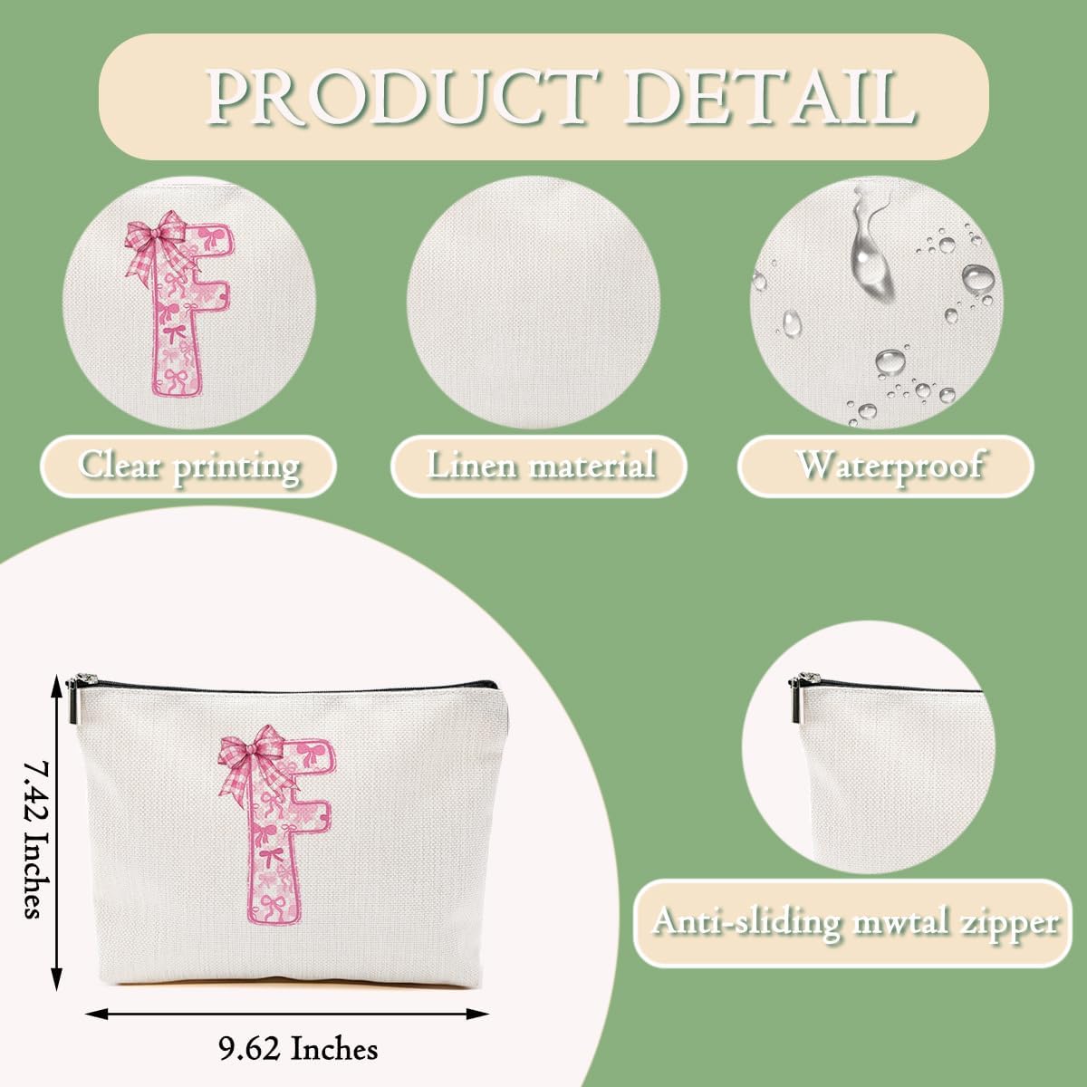 Pink Bow F, Alphabet Makeup Bag for Women, Washable Travel Organizer Toiletry Cosmetic Bag, Coquette Bow Letter Pattern Large Capacity Makeup Pouch with Zipper, Christmas Gifts for Women - Image 3