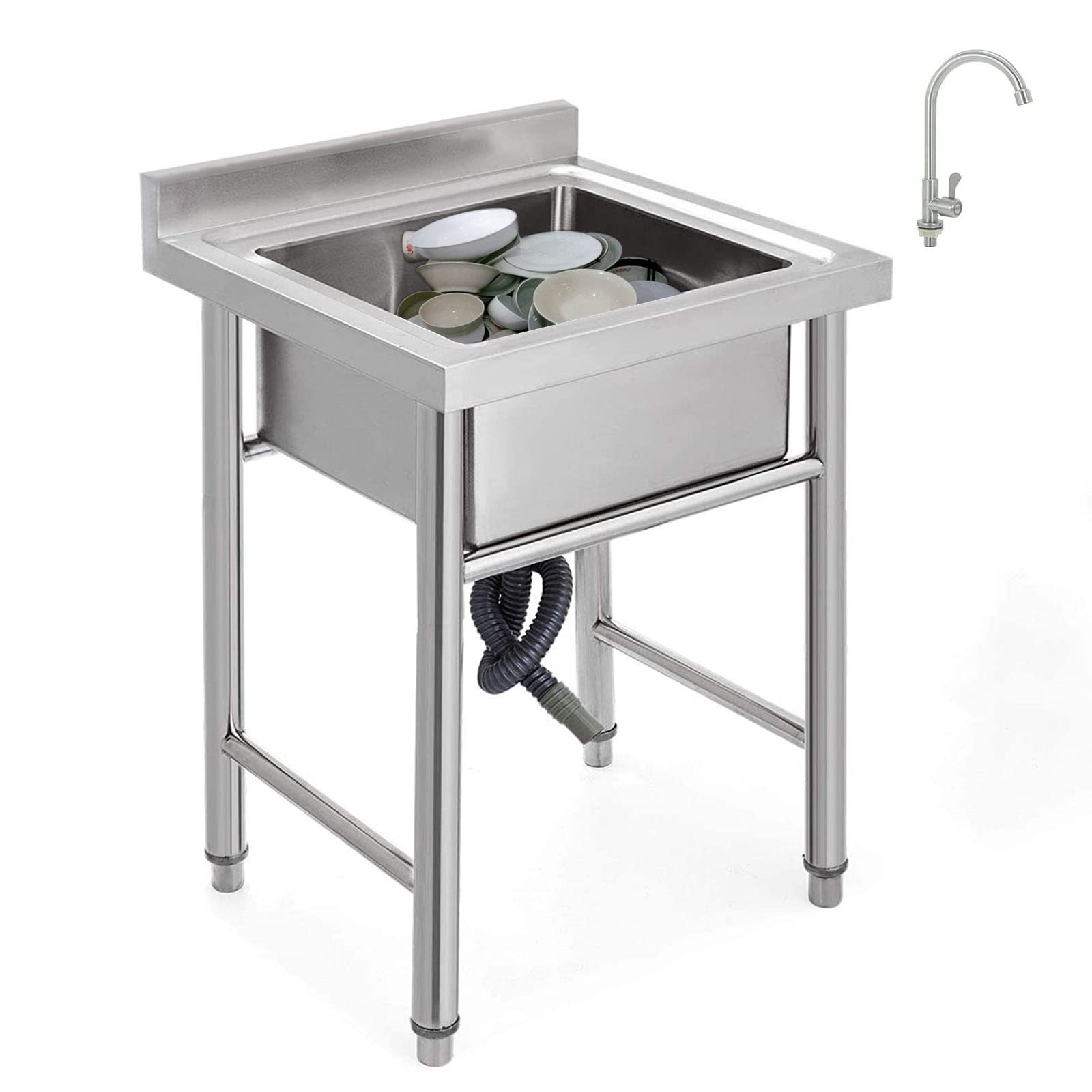 Lavabo inox anti-éclaboussures avec robinet et cuve profonde pour grand nettoyage