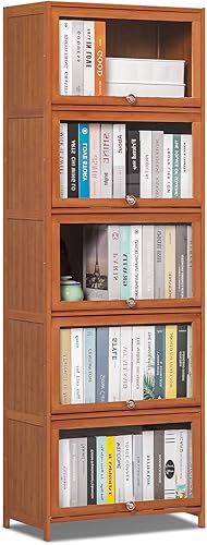 Miniatura 19 de MoNiBloom Estantería de 4 niveles con puertas acrílicas, estante organizador de bambú para ahorrar espacio para estudiantes de niños, dormitorio,