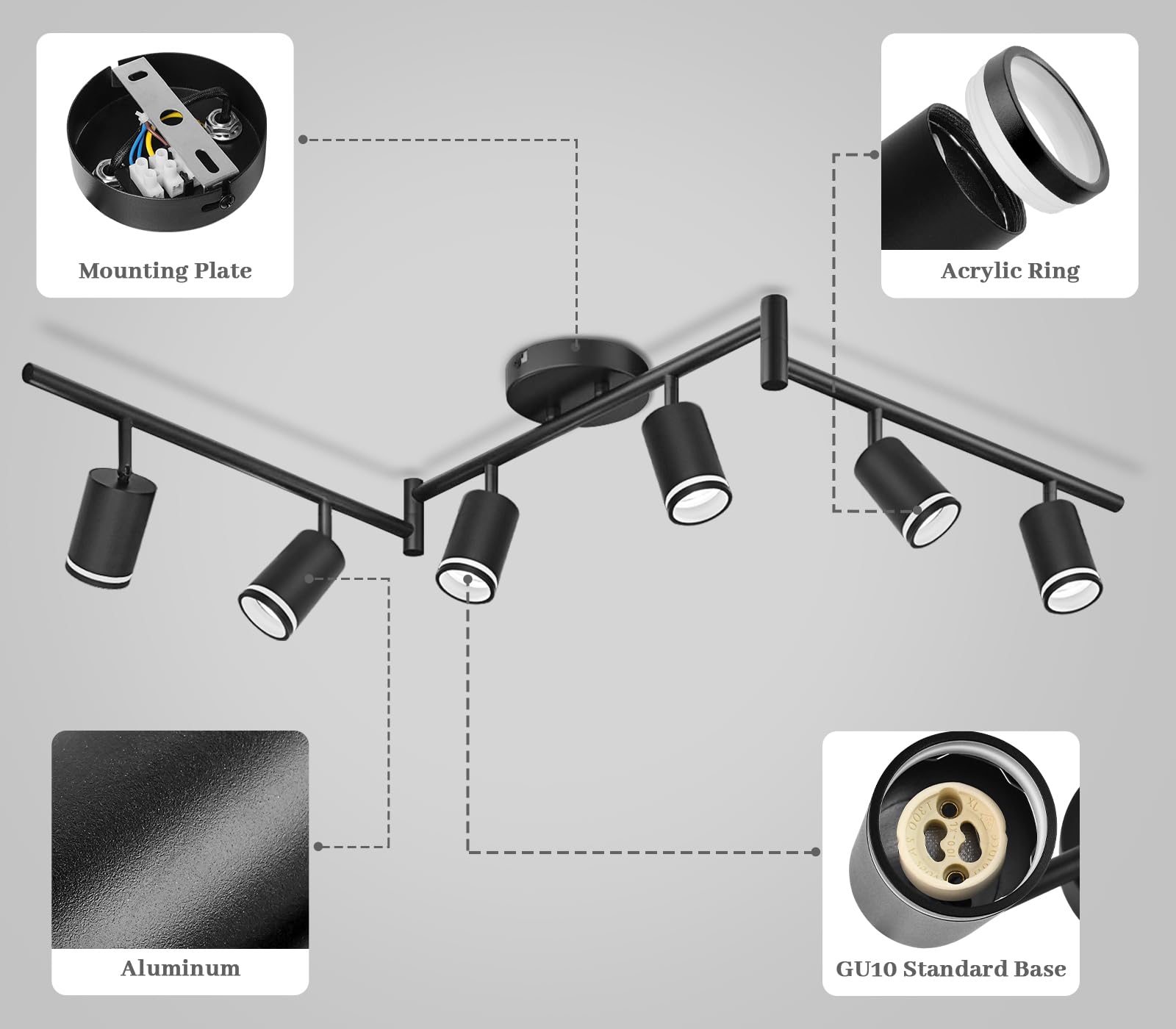 GeyouLux Reflektor sufitowy LED, 6 żarówek, lampa sufitowa LED, wychylna, czarna | GU10 lampa sufitowa punktowa, nowoczesna lampa punktowa, reflektor ścienny do salonu, sypialni, kuchni (bez żarówki)