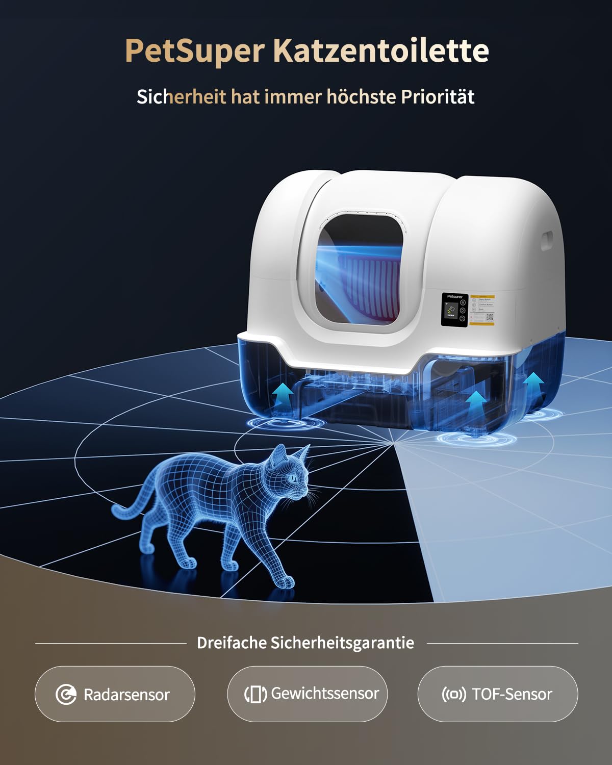 Selbstreinigendes Katzenklo, 68L automatische Katzentoilette mit App, EIN-klick-Reinigen, Geruchsstop, Sandauffüllung, Beutelwechsel, Radar-TOF-Gewichts-Sicherheitssensoren