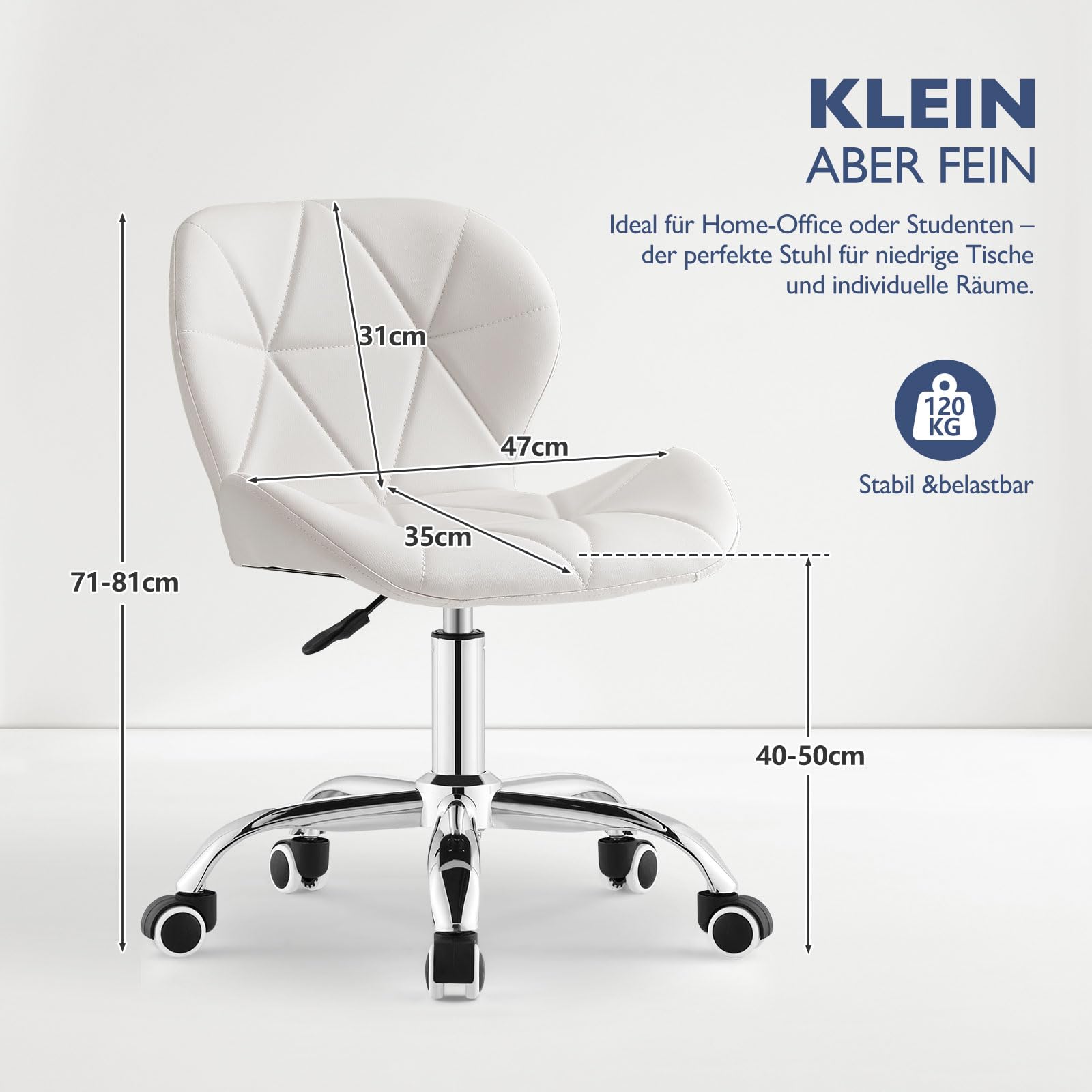 CLIPOP Bürostuhl ohne Armlehnen, Drehstuhl 360°, Schreibtischstuhl mit Rollen, höhenverstellbar, bis 120 Kg Belastbar, für Arbeitszimmer, Schlafzimmer, Homeoffice, Schminkbereich, Weiß