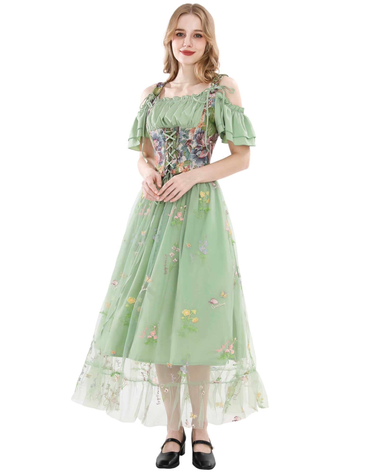 Ensemble de vêtements médiévaux pour femme - Costume d'elfe - Robe maxi 2 pièces en vert - Haut épaules dénudées et jupe en tulle avec broderie florale