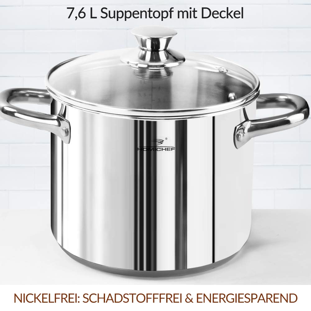 HOMICHEF 14-teiliges Nickelfreies Edelstahl Topfset Induktion - Topf und Pfannen Set mit Glasdeckeln - Gesundes Induktions Ungiftiges Kochgeschirr-Set