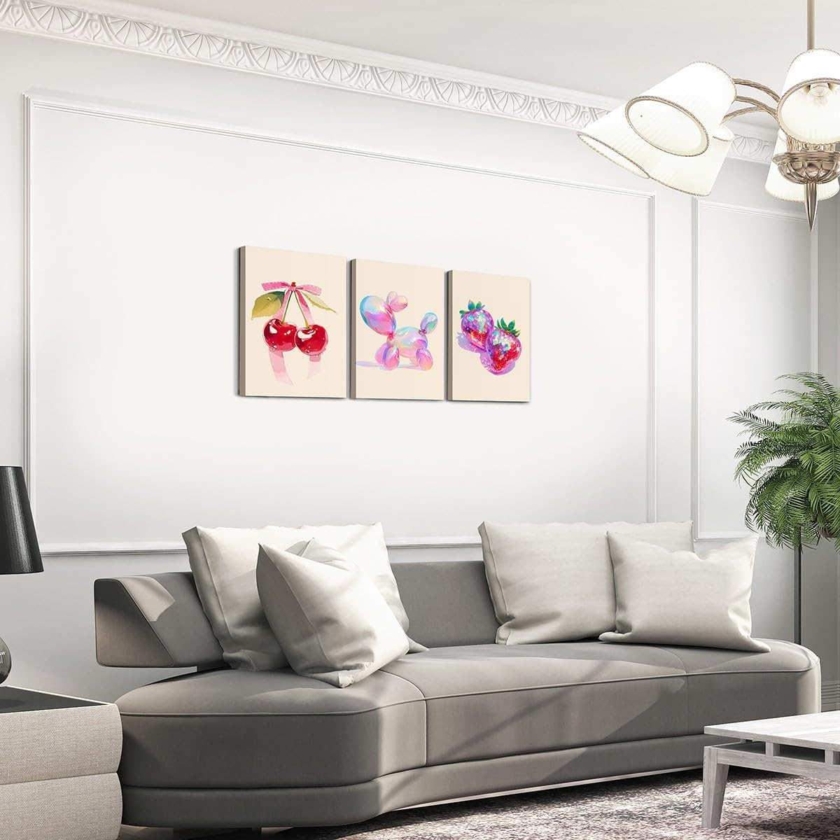 Cute Pink Canvas Wall Art Set Of 3, Vintage Disco Strawberry And Bowknot Cherry Wall Decorations, Preppy Balloon Dog Poster Prints Coquette Fruit Pictures For Girls Room Framed 12X16Inchx3Pcs
