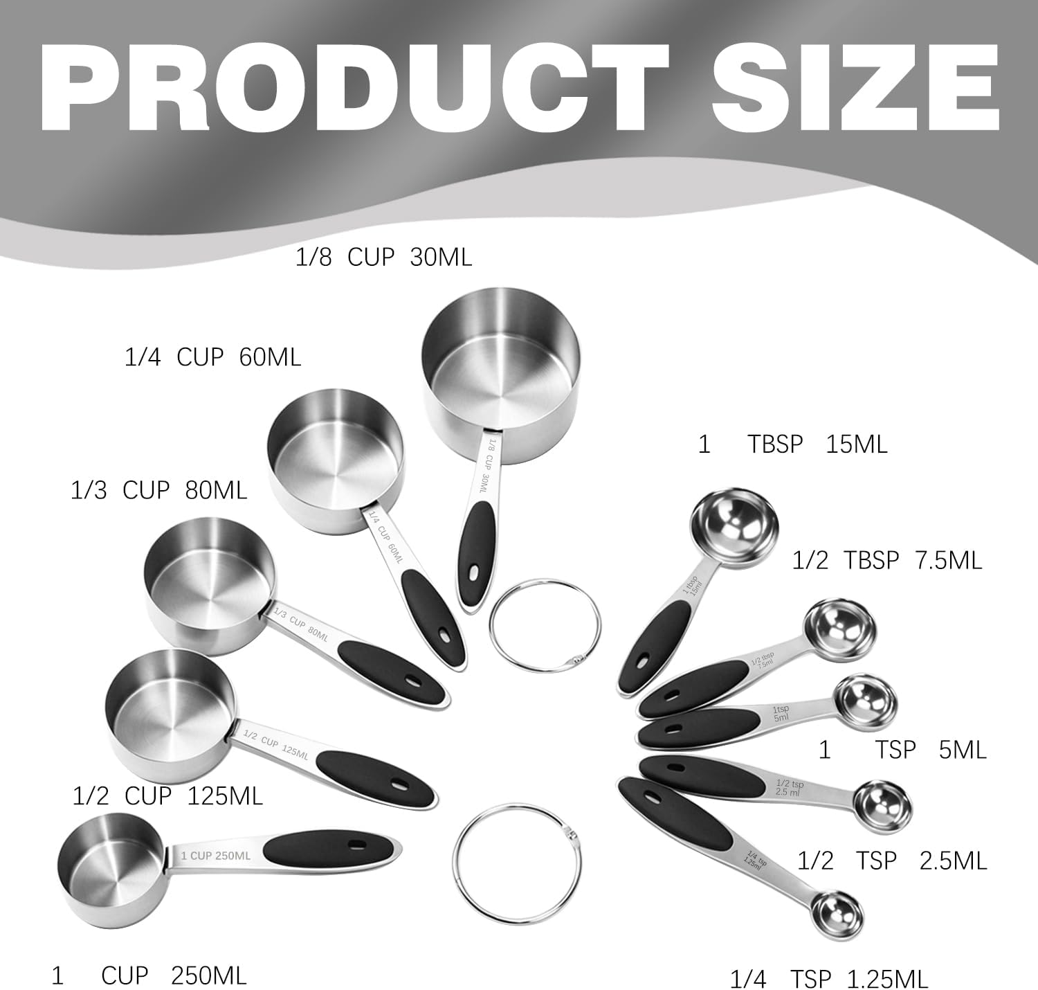 Measuring Cups and Spoons Set, 10 Pieces Stainless Steel Measuring Cups and Spoons, Stackable Design, Kitchen Utensils Set, for Measuring Dry or Liquid Ingredients, Cooking and Baking(Black)