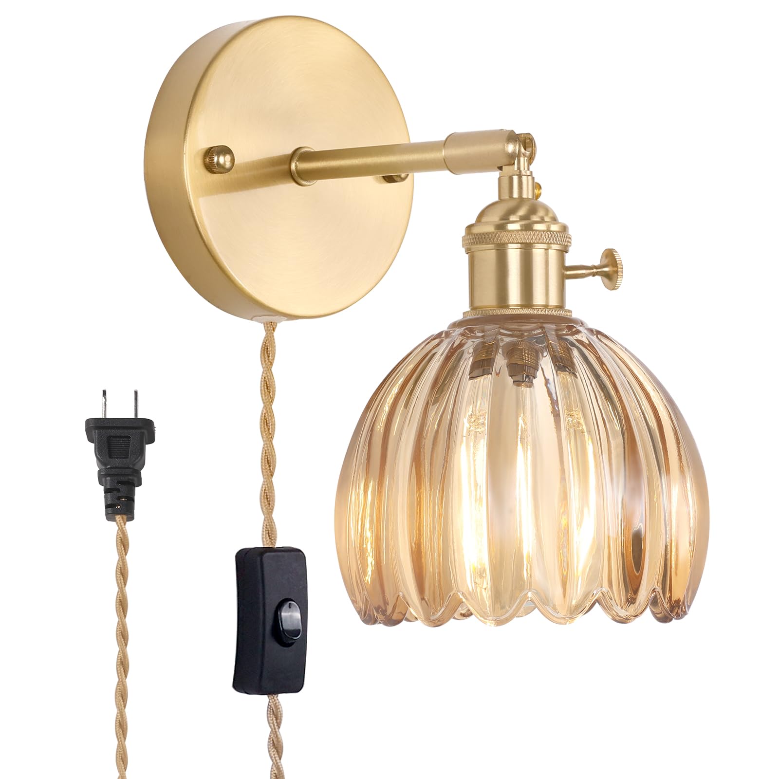 Shenmoyl Plug in Wall Sconce,Cute Amber Tulip Glass Lampshade Wall Light Plugin Corded for Bedside Bedroom Doorway