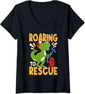 Womens Roaring to Rescue T-Rex Dinosaur Firefighting Firefighter V-Neck T-Shirt