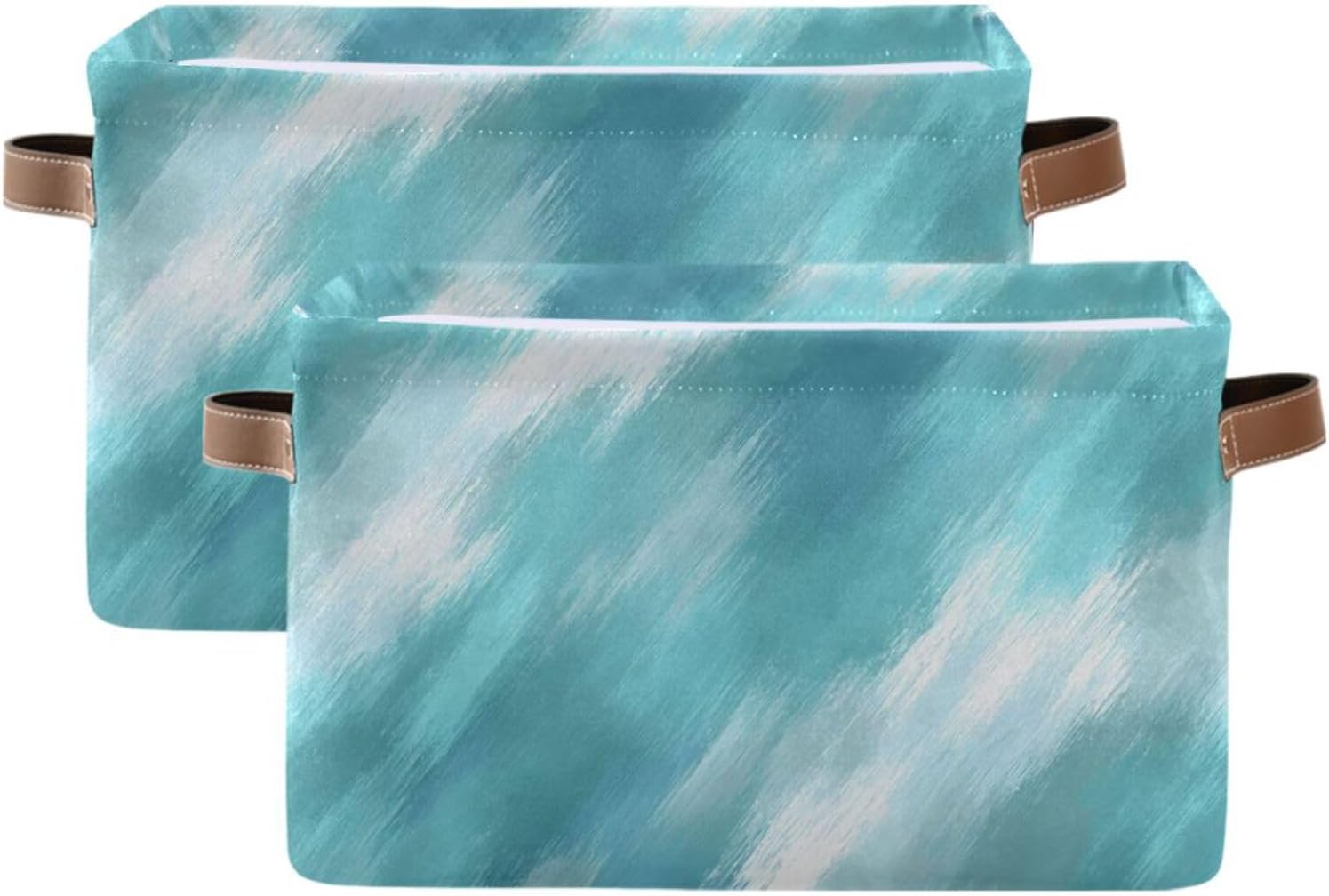 OTVEE Canvas Bins for Closet Shelves Organizing Teal Blue White Brush Art Storage Basket Baby Clothes Organizers Storage Box Nursery Bins Gift Baskets 2 Pack
