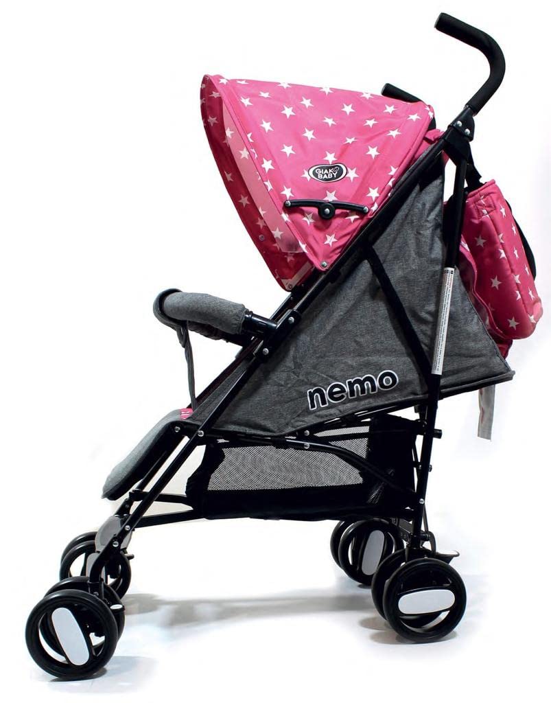 Passeggino Leggero 25Kg Nemo con Borsa Grey Pink Star Cappottina Parasole, Pieghevole con una Mano, Regolabile, Accessori, Cesto Portaoggetti GVC-8004