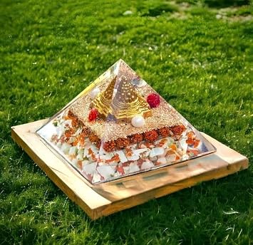 Handcrafted Natural 9 Grah Crystal Chips Orgone Pyramid with Rudraksha and Copper Shree Yantra for Vastu Attract Wealth Prosperity and Abundance Remove Negative Energy Size 7x8 CM