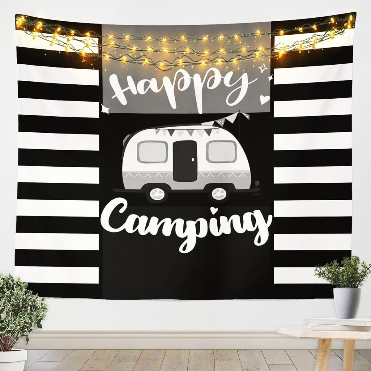 Erosebridal Camper Decor Tapestries Large 59x82,Camping Themed Tapestry Black White Striped Cabin Camping Wall Hangings Art,Old Barn Door Sketch Drawing Rustic Style Wall Art Happy Camping Gift