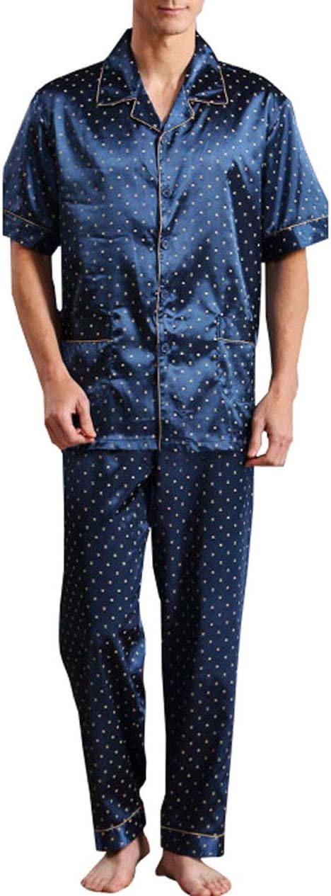 Only Faith Men's Summer Short Sleeve Button Silk Pajama Sleepwear Set