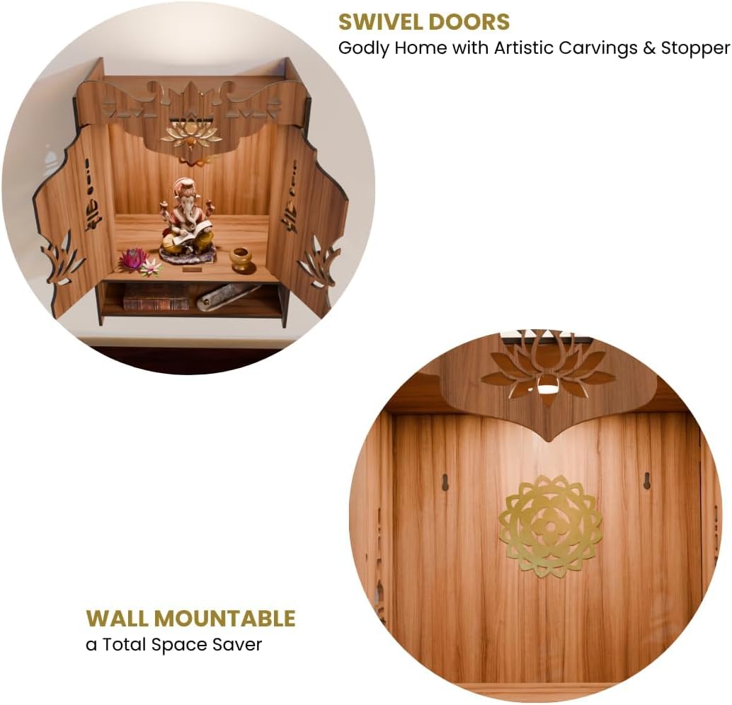 Wood Mandir with Door | Spotlight | Extra Storage | 21 x 16 x 10.5 inch | Wall Mountable | No Screw/Bolt Screw Assembly | Home Temple | Pooja Stand | Colour: Walnut
