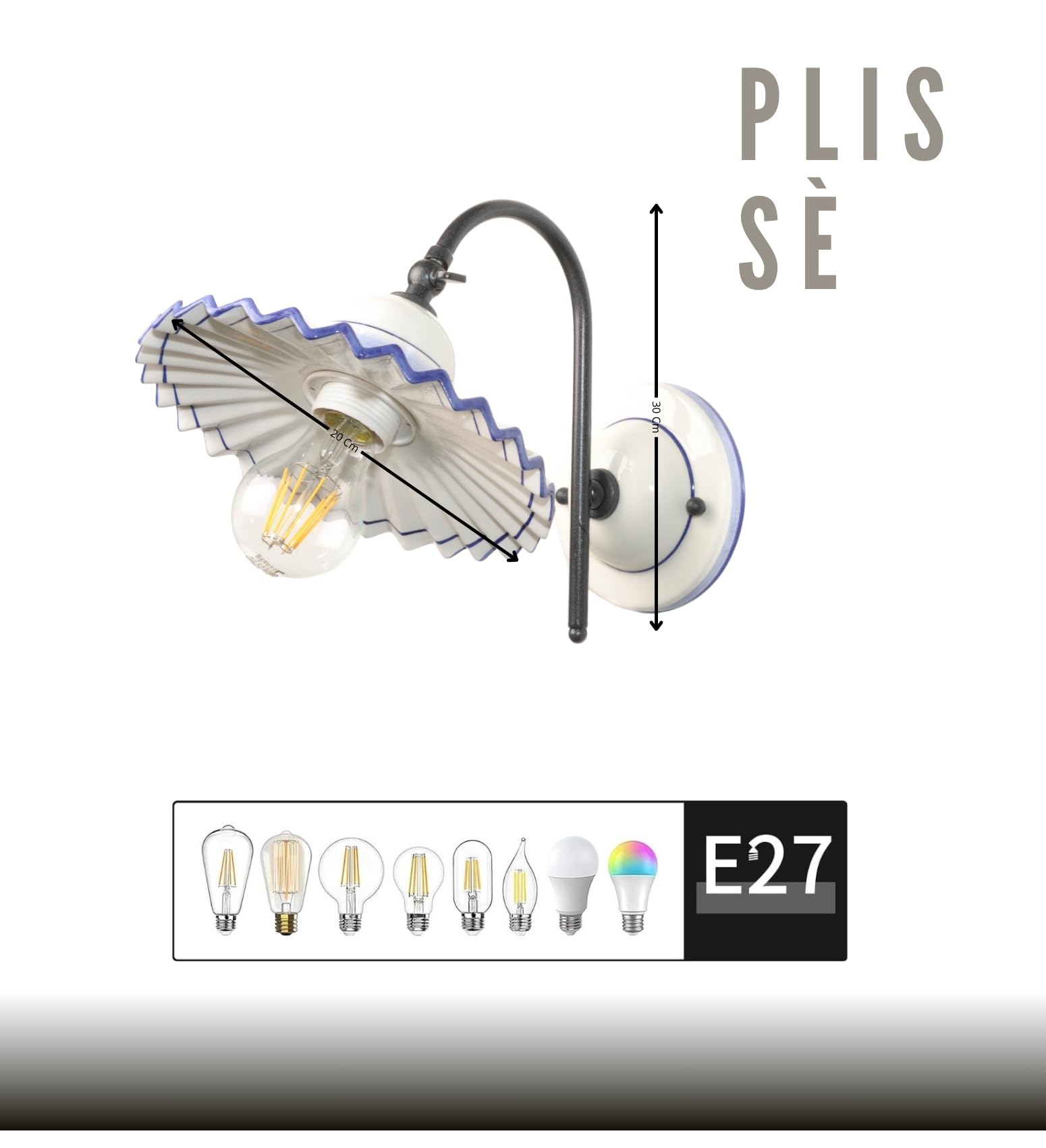 VANNI LAMPADARI - Applique da Parete Interno Plissè - Lampada da Parete con Braccio Orientabile in Ceramica Decorata a Mano - Applique Camera da Letto - Applique Bagno - Cucina – Soggiorno