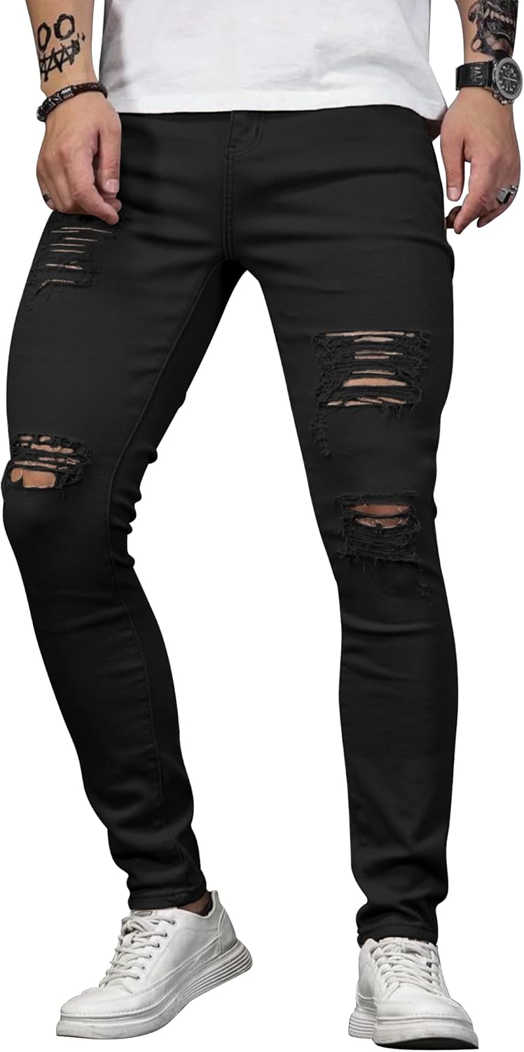 HUNGSON Men's Blue Slim Fit Jeans Stretch Destroyed Ripped Skinny Jeans Side Striped Denim Pants