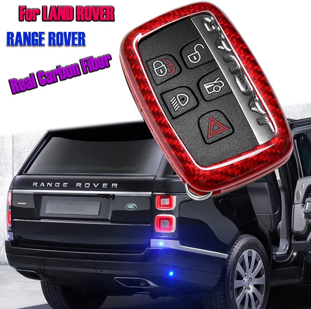 Red Real Carbon Fiber Finish Key Fob Cover Case Cover Case Compatible with Land Rover Sport Range Rover Evoque Velar Discovery LR4 / Jaguar XF XJ XE F-PACE F-Type Smart Remote (5-Buttons)