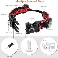 Vista 34 de Brazalete de paracord de supervivencia 20 en 1, kit de equipo ajustable con luz LED SOS, arrancador de fuego, brújula más grande, silbato